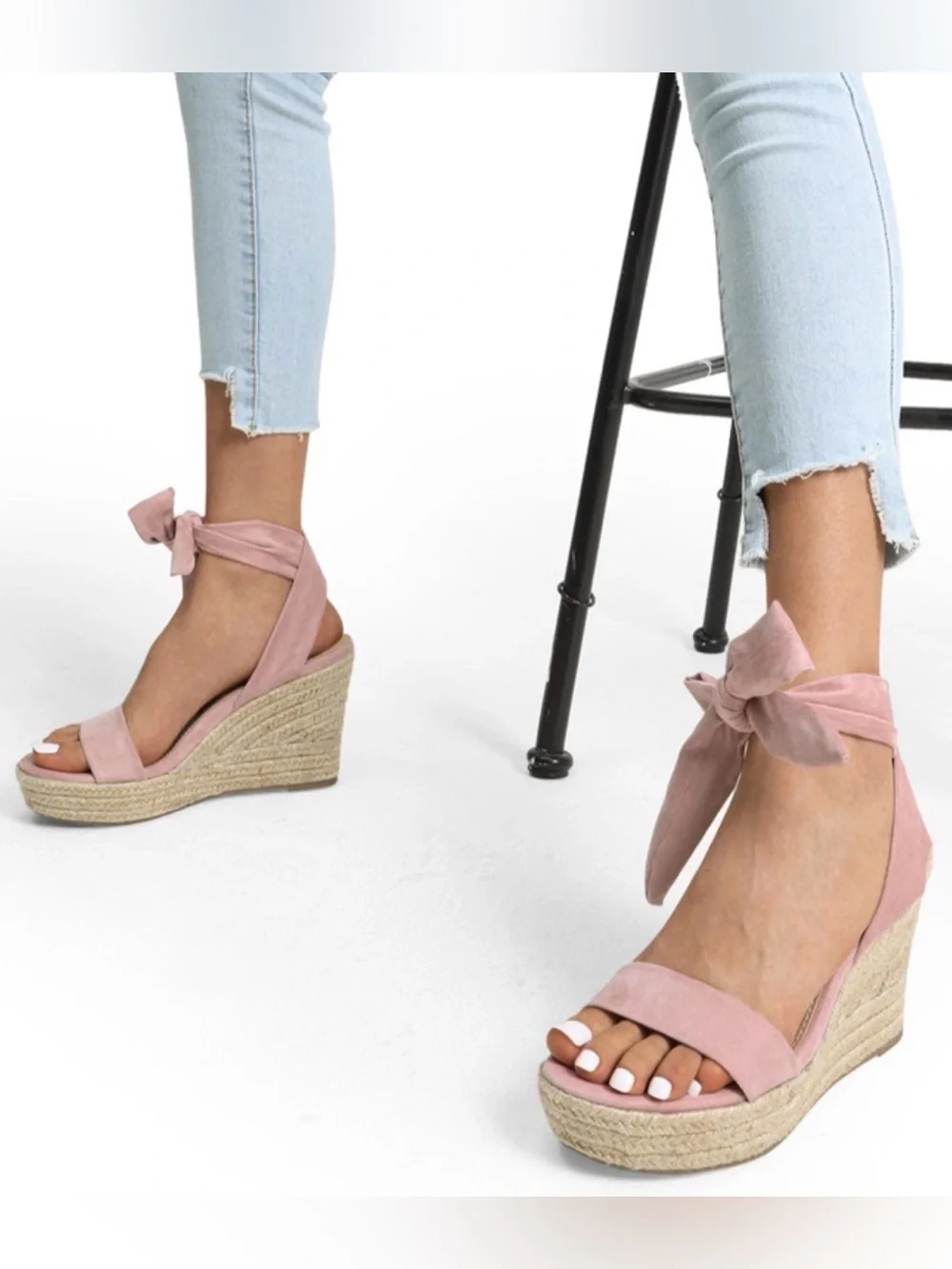 Blush Suede Lace-Up Espadrille Wedge Sandals